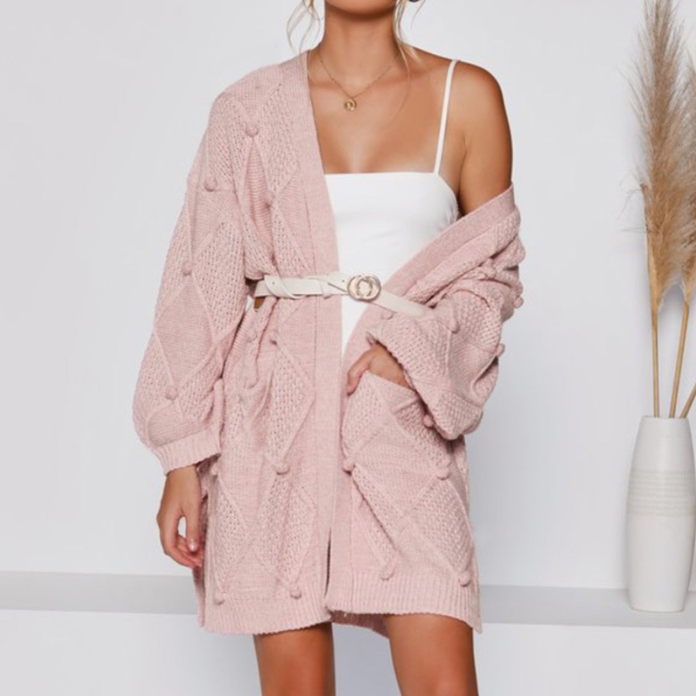 Pom Pom Detail Pink Open Cardigan